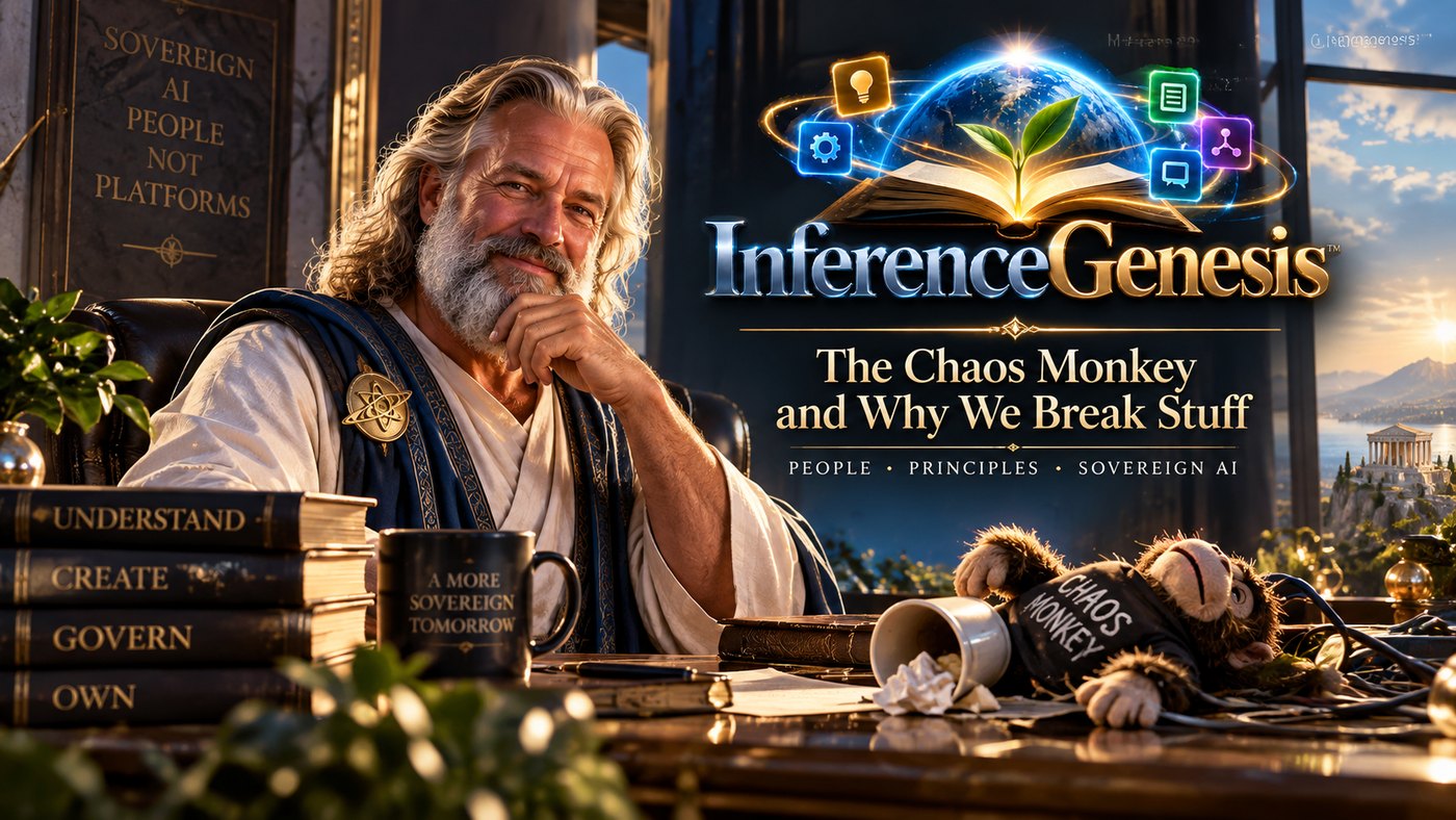 A philosopher at his desk, amused, beside a toppled mug and a plush monkey labelled CHAOS MONKEY. The books under his elbow read UNDERSTAND, CREATE, GOVERN, OWN, and the volume behind him reads SOVEREIGN AI &mdash; PEOPLE NOT PLATFORMS.
