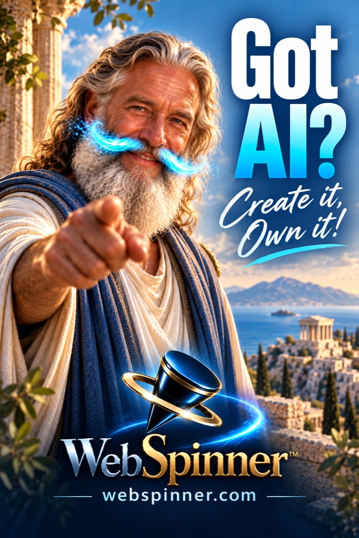 A smiling Greek philosopher in a toga points at the viewer above a colonnade and the sea, his breath drawn as a bright azure ribbon. The headline reads Got AI? Create it, Own it! over the WebSpinner wordmark and webspinner.com.