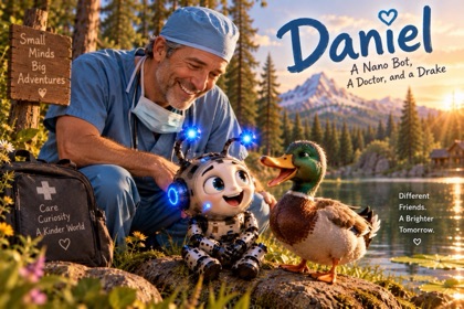 The cover of Nano: a smiling doctor in scrubs kneels by a lake beside Daniel, a small round robot with glowing blue antennae, and Drake the mallard, under a mountain at sunset.